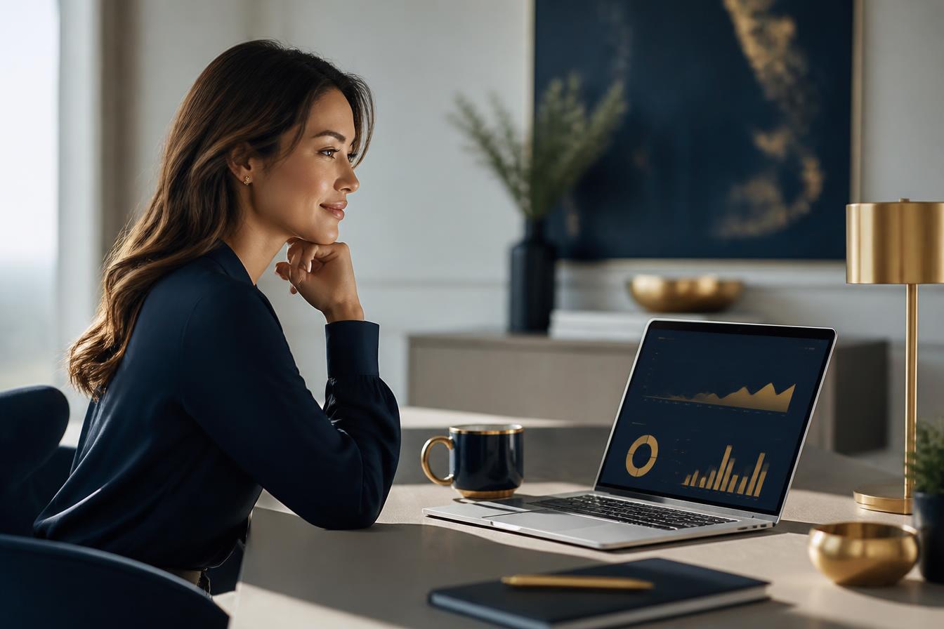 Une femme sereine consulte son tableau de bord financier Deltatone